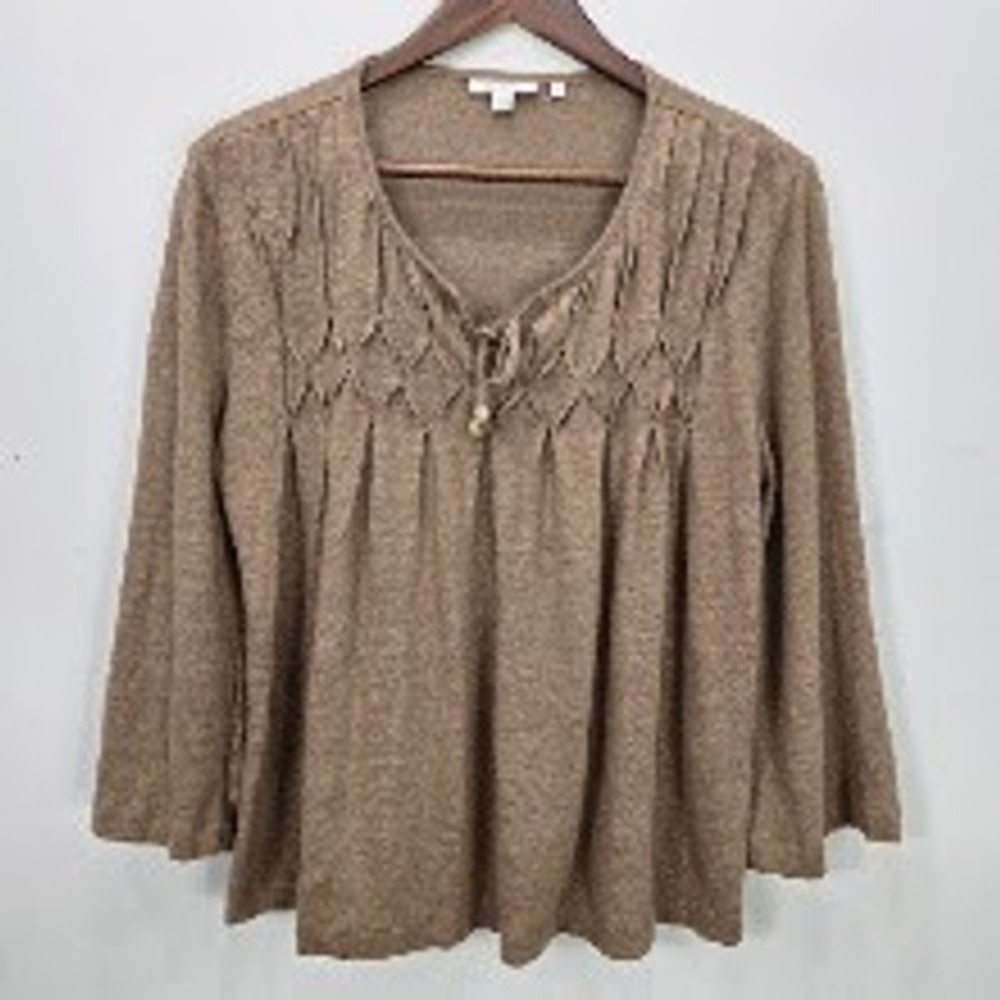 Chicos Top Blouse 1 Medium Brown 100% Linen Boho Cottagecore Bell Sleeve Prairie